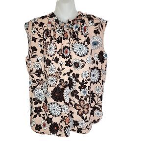 Ann Taylor Loft Womens Top Small Pink Floral Popover Tie Neck Career Sleeveless